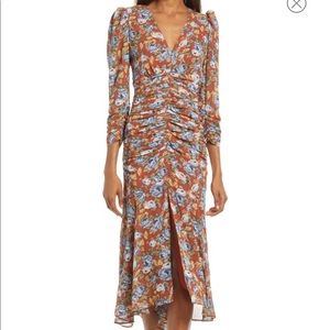Gorgeous floral print ruched puff shoulder midi dress